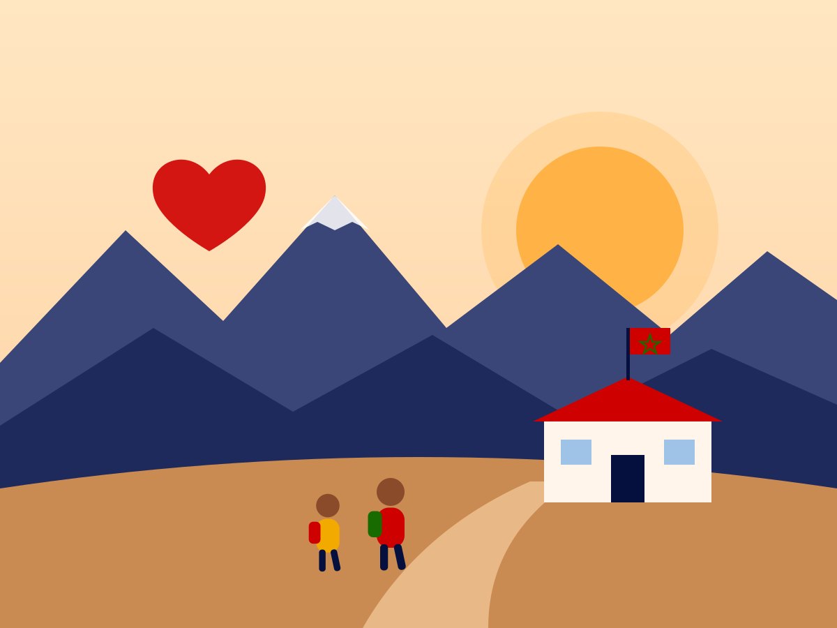 Illustration of two children with school bags walking towards a village school in the Atlas mountains